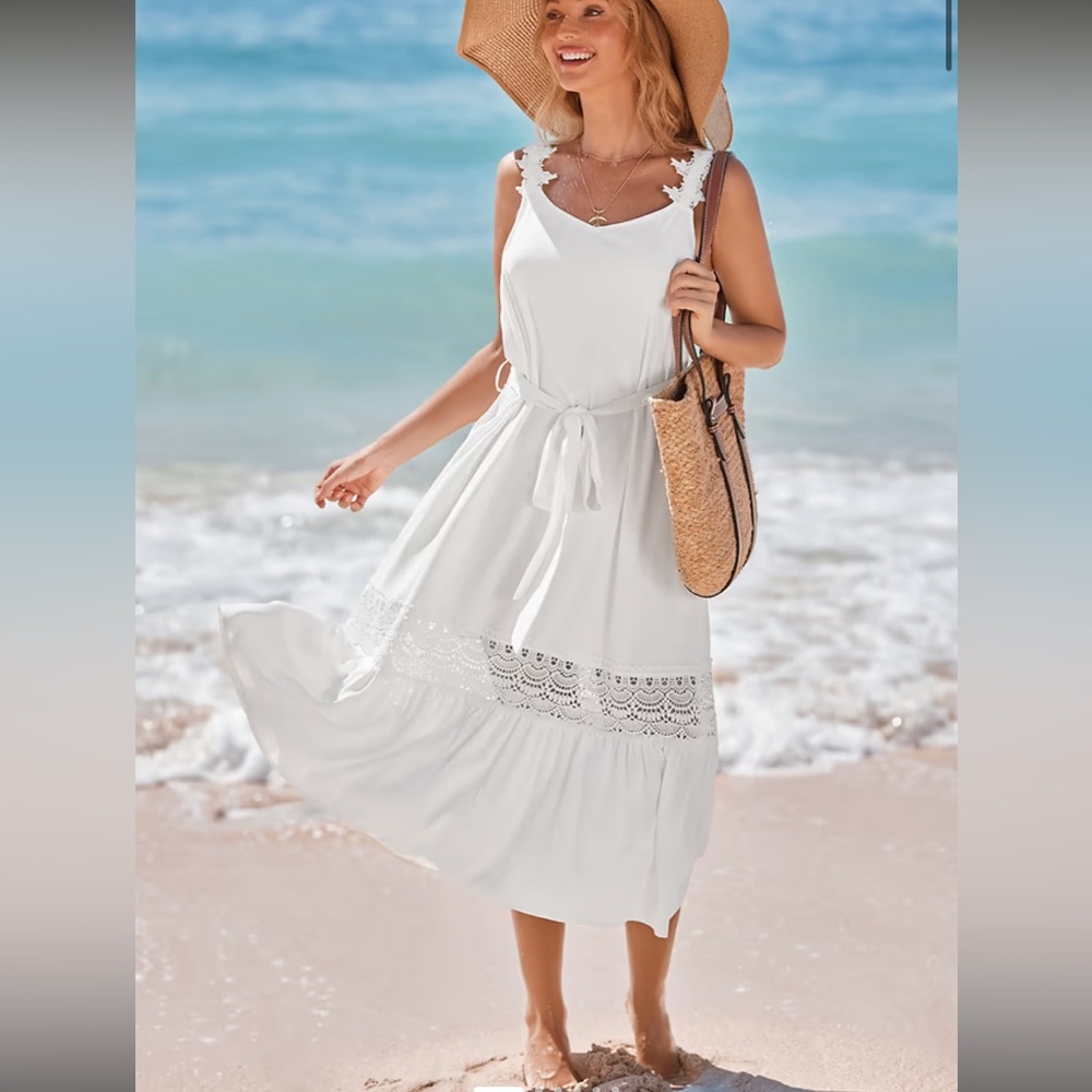 Powder Lace & Tie Midi Summer Dress White Small NWT Minimalist Vacay Feminine